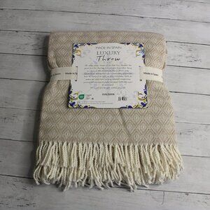 Made in Spain Throw Blanket Tan Cream with Fringe Cotton Blend